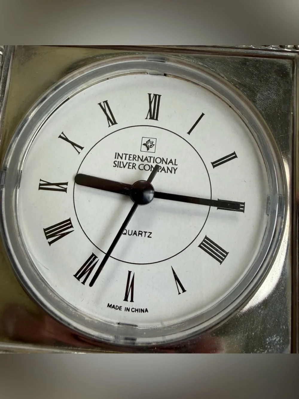 International Silver Co Folding Desk Clock Picture Frame Silver Tone